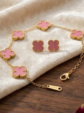 Clover Jewelry Set pink & gold (Bracelet & Earrings)